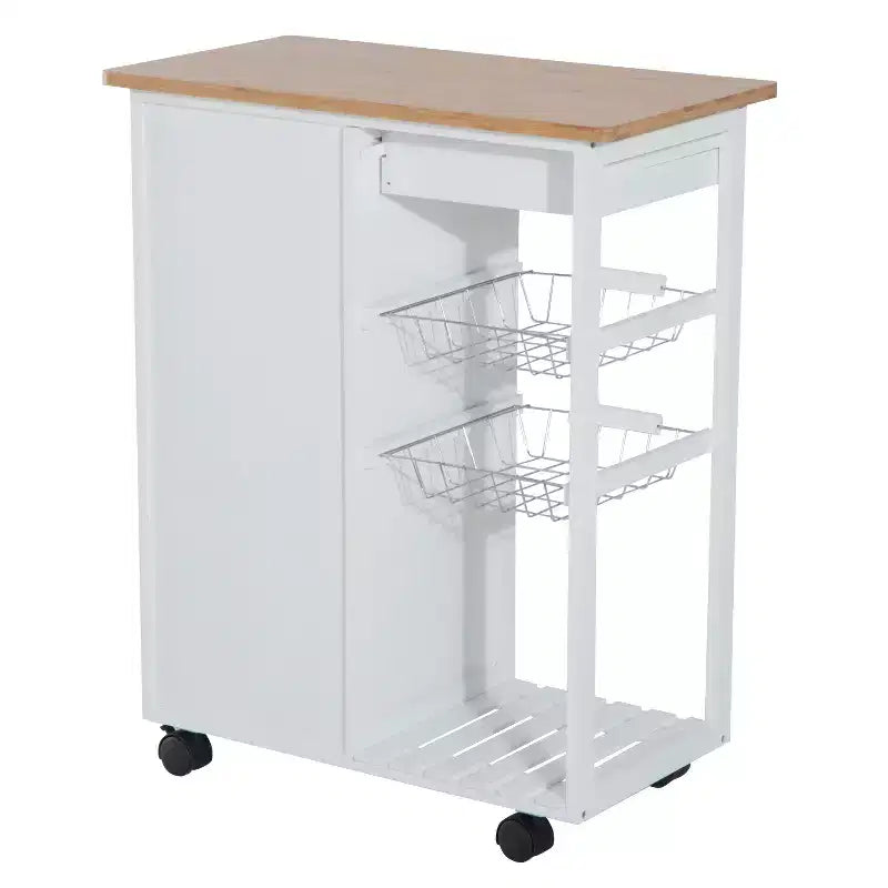 HOMCOM Carrello da Cucina su Ruote, Carrello Portavivande con Top in Bambù, Cestello in Filo e Armadietto con Ante e Cassetti, Bianco