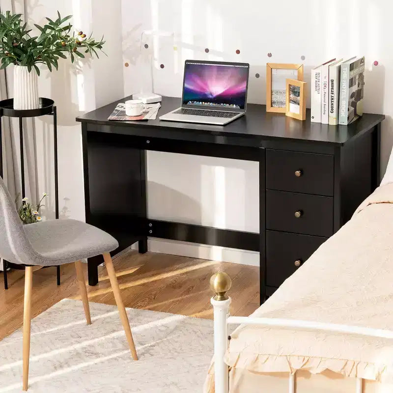 Scrivania per Computer Costway con 3 Cassetti, Workstation per Ufficio, Studio e Casa, Bianco/Nero/Marrone