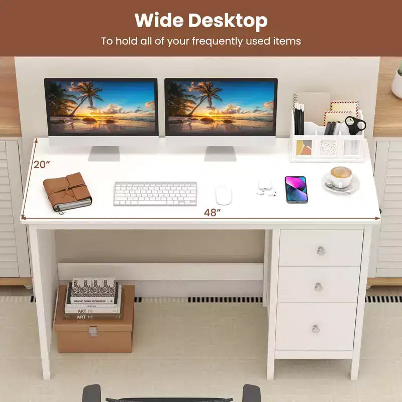 Scrivania per Computer Costway con 3 Cassetti, Workstation per Ufficio, Studio e Casa, Bianco/Nero/Marrone
