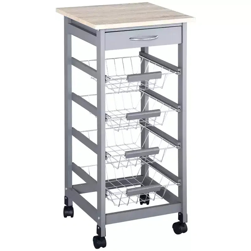 HOMCOM 32.25 Wooden Rolling Kitchen Storage Cart, Kitchen Island with Storage Drawer and Baskets on 360 Swivel Wheels