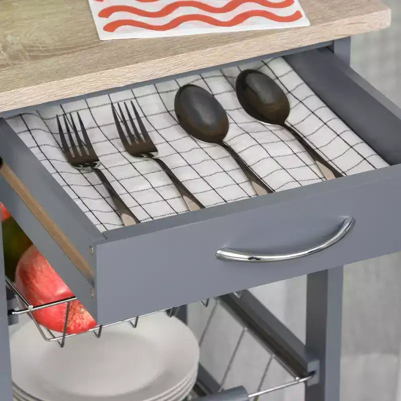 HOMCOM Carrello Cucina in Legno con Ruote, Carrello da Cucina con Cassetto e Cesti Portaoggetti, 82x39.5x86 cm
