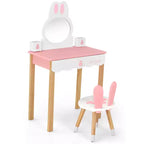 Costway Set Toeletta Bambini con Specchio e Sgabello, Tavolo da Trucco Coniglietto per Bambini, Bianco/Rosa