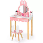 Costway Set Toeletta Bambini con Specchio e Sgabello, Tavolo da Trucco Coniglietto per Bambini, Bianco/Rosa