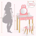 Costway Set Toeletta Bambini con Specchio e Sgabello, Tavolo da Trucco Coniglietto per Bambini, Bianco/Rosa