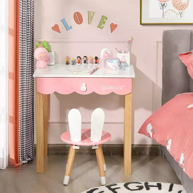 Costway Set Toeletta Bambini con Specchio e Sgabello, Tavolo da Trucco Coniglietto per Bambini, Bianco/Rosa