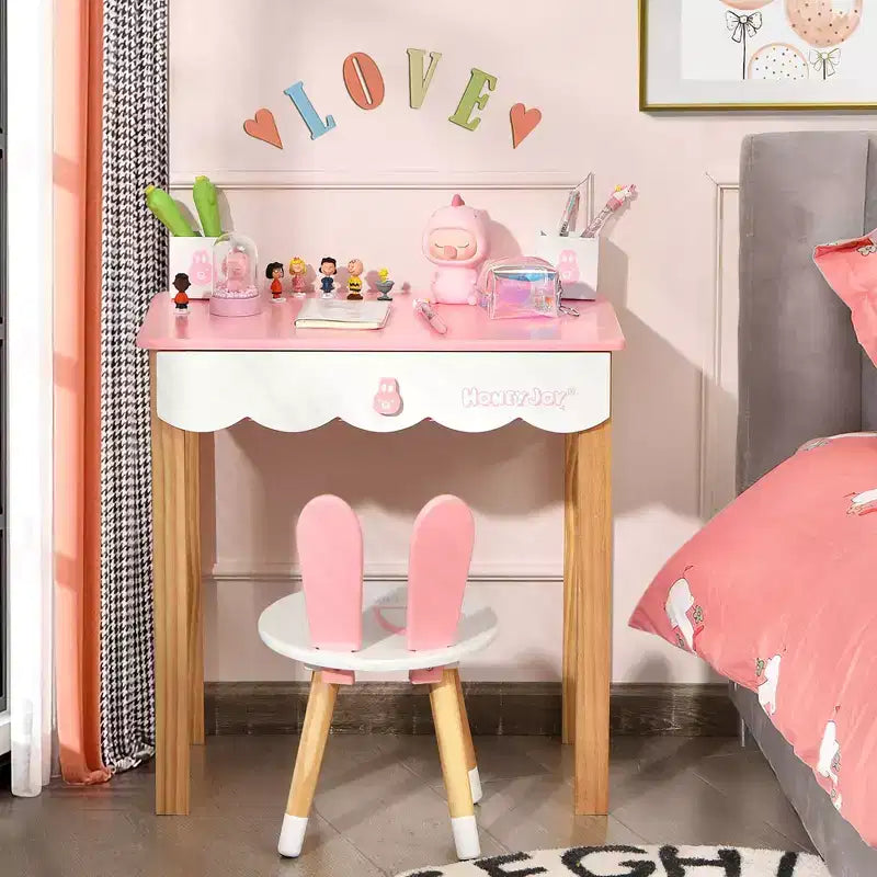 Costway Set Toeletta Bambini con Specchio e Sgabello, Tavolo da Trucco Coniglietto per Bambini, Bianco/Rosa
