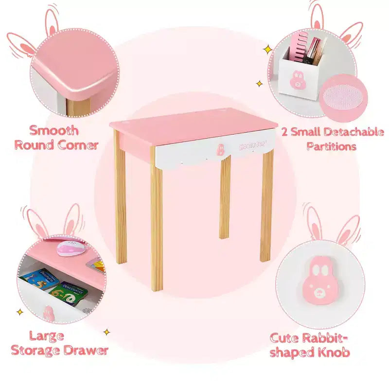 Costway Set Toeletta Bambini con Specchio e Sgabello, Tavolo da Trucco Coniglietto per Bambini, Bianco/Rosa
