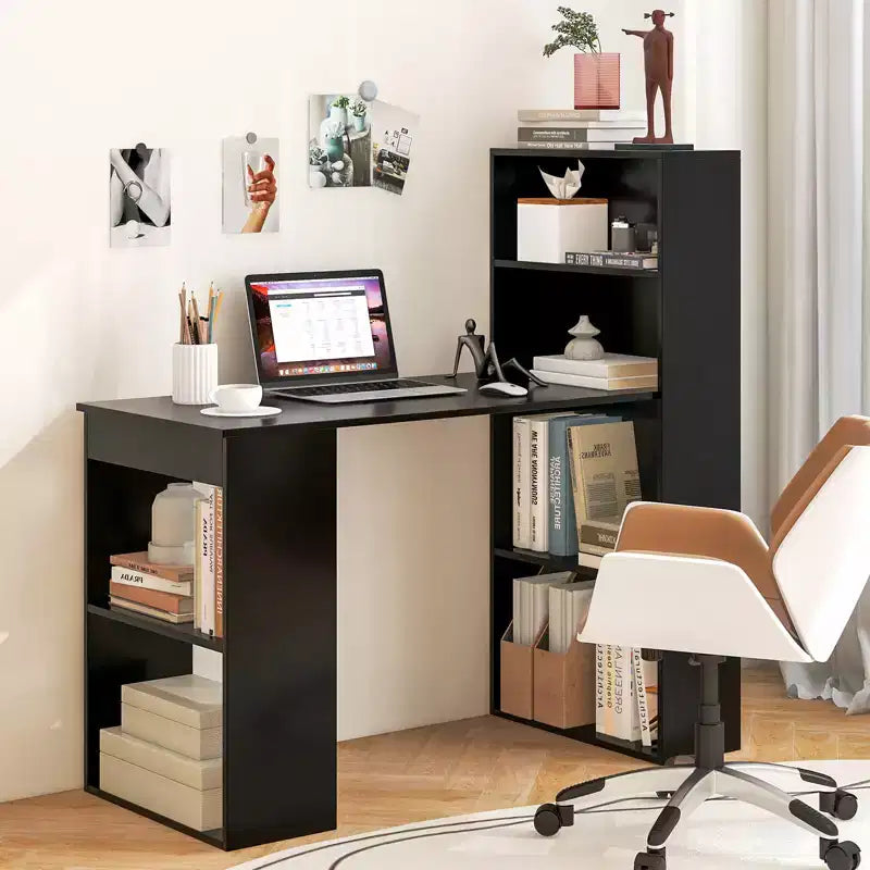 Scrivania per computer Costway Workstation da ufficio con 6 ripiani di archiviazione bianco/nero