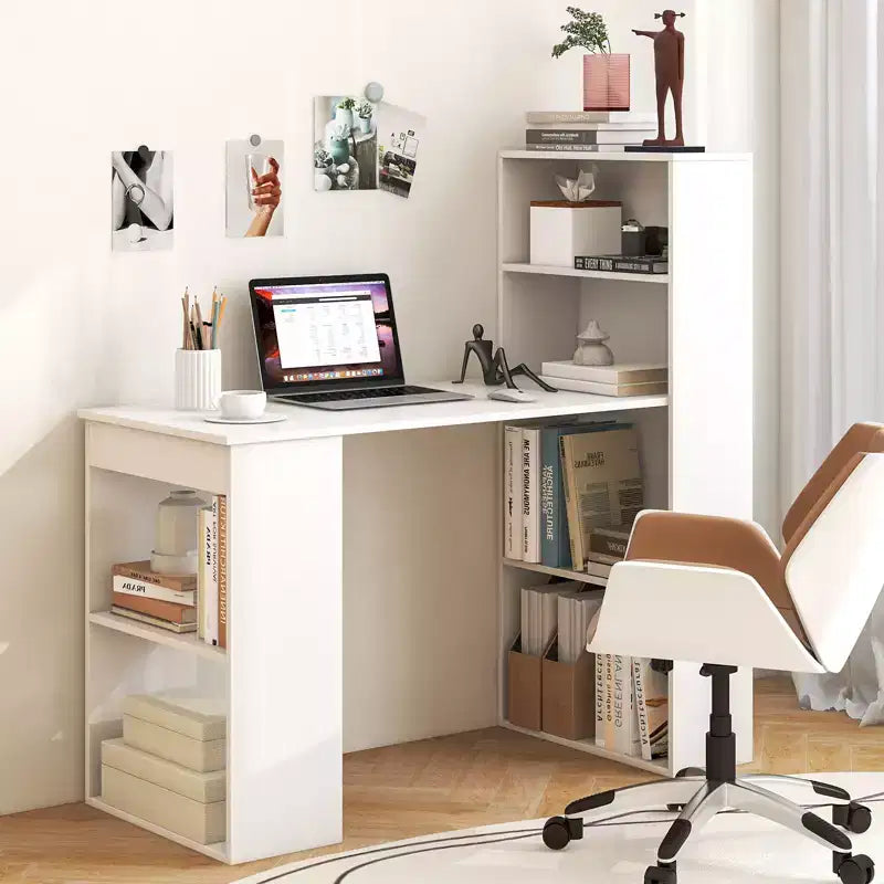 Scrivania per computer Costway Workstation da ufficio con 6 ripiani di archiviazione bianco/nero