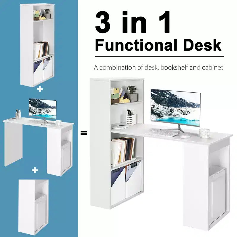 Scrivania per computer Costway Workstation da ufficio con 6 ripiani di archiviazione bianco/nero