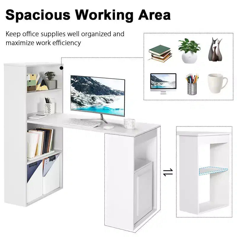 Scrivania per computer Costway Workstation da ufficio con 6 ripiani di archiviazione bianco/nero