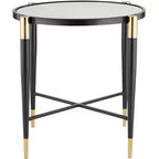 Tavolino d'appoggio rotondo moderno in metallo Studio 55D, 63,5 cm di larghezza, piano in vetro marmorizzato nero opaco e oro per soggiorno e camera da letto