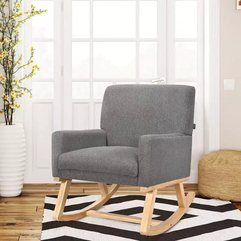 Costway Sedia a dondolo imbottita con braccioli e supporto lombare, design moderno di metà secolo, beige/grigio