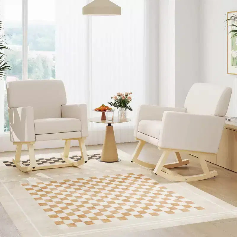 Costway Sedia a dondolo imbottita con braccioli e supporto lombare, design moderno di metà secolo, beige/grigio