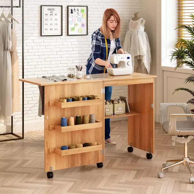 Costway Tavolo da Cucito Pieghevole per Artigianato Mobiletto Contenitore con Ruote per Arredamento Casa