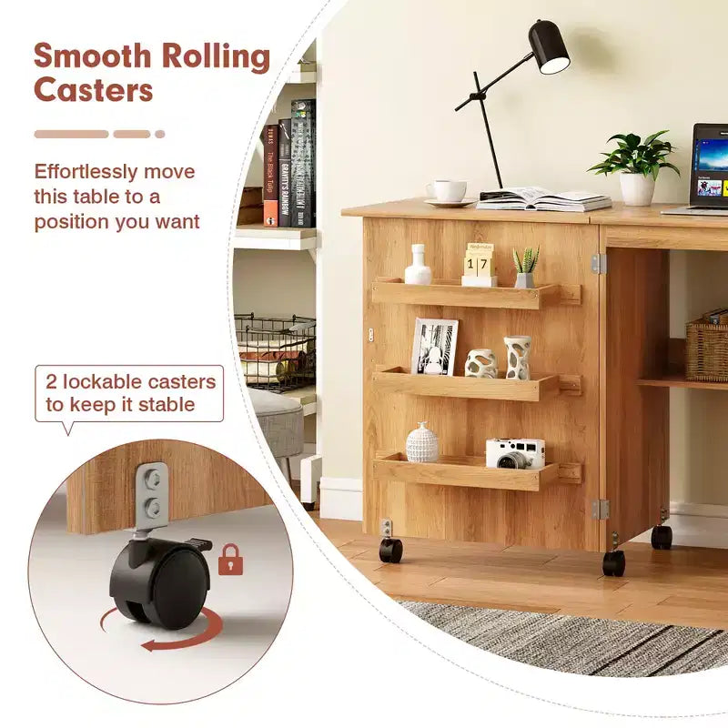 Costway Tavolo da Cucito Pieghevole per Artigianato Mobiletto Contenitore con Ruote per Arredamento Casa