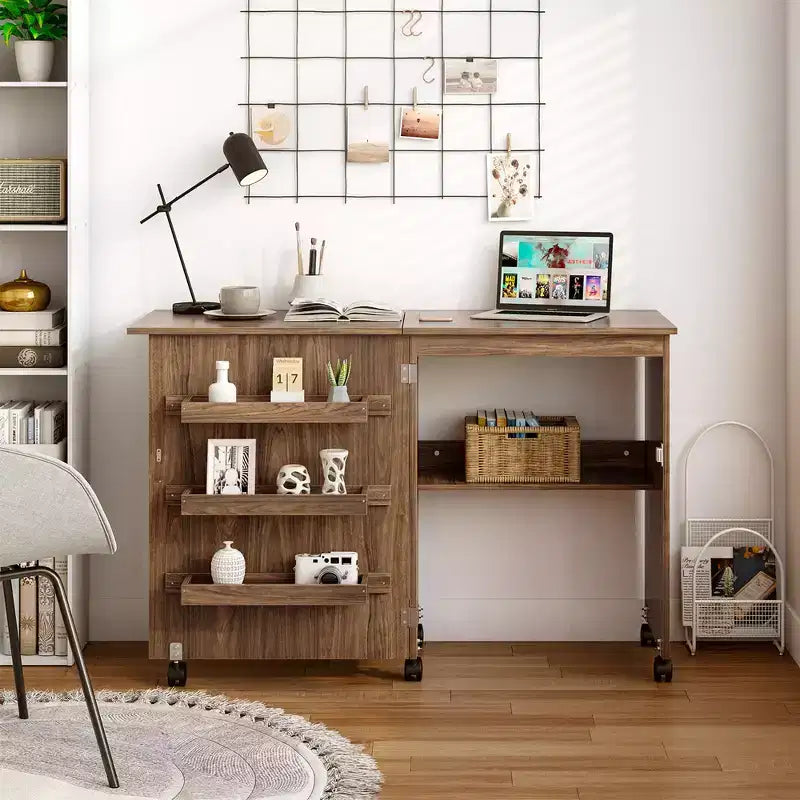 Costway Tavolo da Cucito Pieghevole per Artigianato Mobiletto Contenitore con Ruote per Arredamento Casa