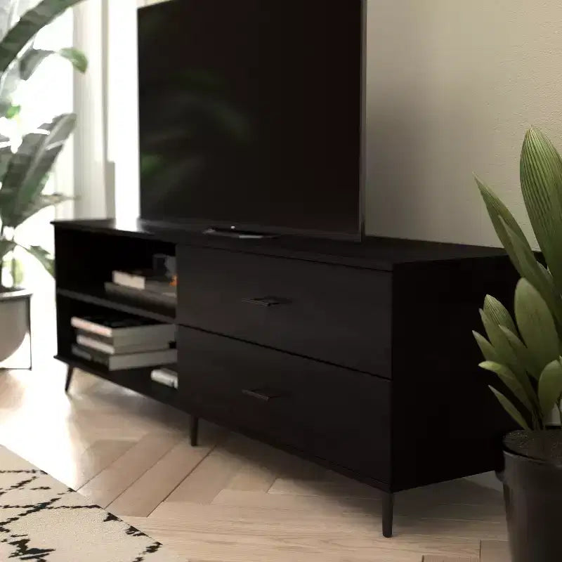 Flash Furniture Nelson 65 Mobile TV moderno di metà secolo per TV fino a 60 pollici con ripiano regolabile e cassetti portaoggetti