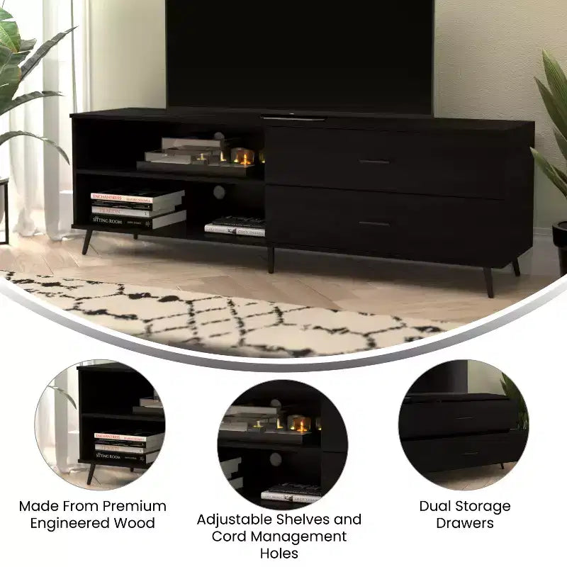Flash Furniture Nelson 65 Mobile TV moderno di metà secolo per TV fino a 60 pollici con ripiano regolabile e cassetti portaoggetti