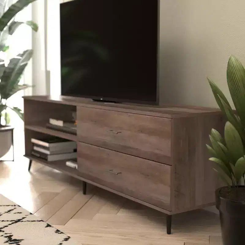 Flash Furniture Nelson 65 Mobile TV moderno di metà secolo per TV fino a 60 pollici con ripiano regolabile e cassetti portaoggetti