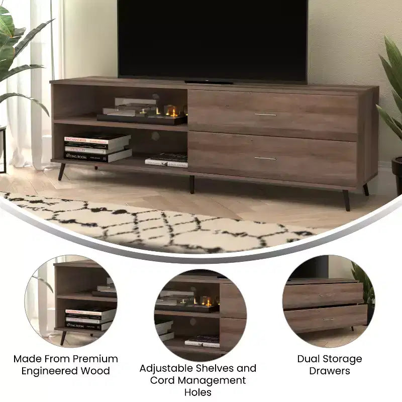 Flash Furniture Nelson 65 Mobile TV moderno di metà secolo per TV fino a 60 pollici con ripiano regolabile e cassetti portaoggetti