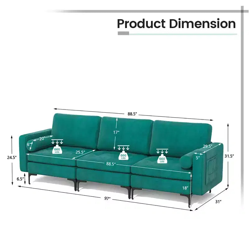 Divano moderno modulare a 3 posti Costway con tasca laterale e gambe in metallo, color verde acqua