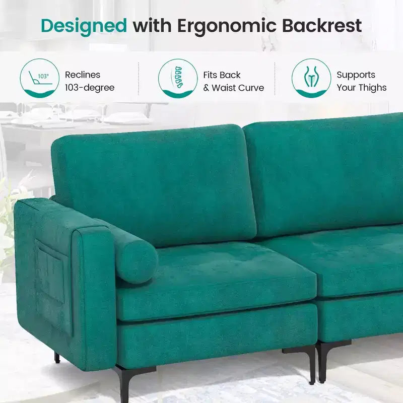 Divano moderno modulare a 3 posti Costway con tasca laterale e gambe in metallo, color verde acqua