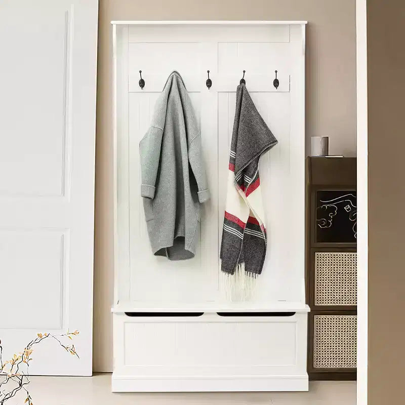 White MDF Hall Tree with Storage Bench and Coat Hooks