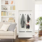 White MDF Hall Tree with Storage Bench and Coat Hooks