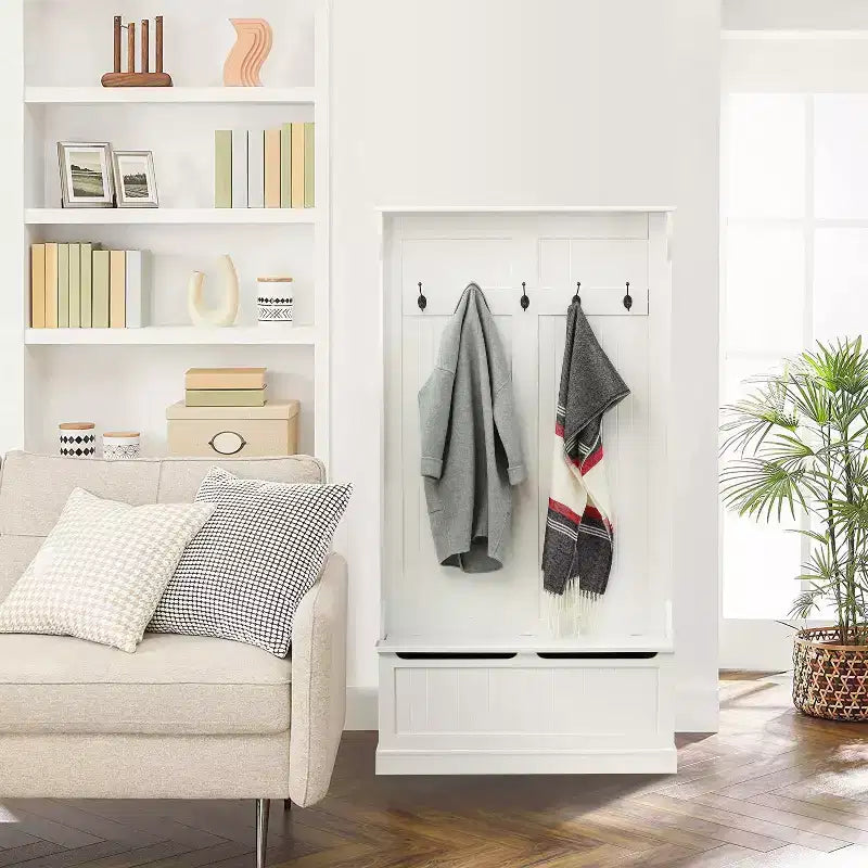 White MDF Hall Tree with Storage Bench and Coat Hooks