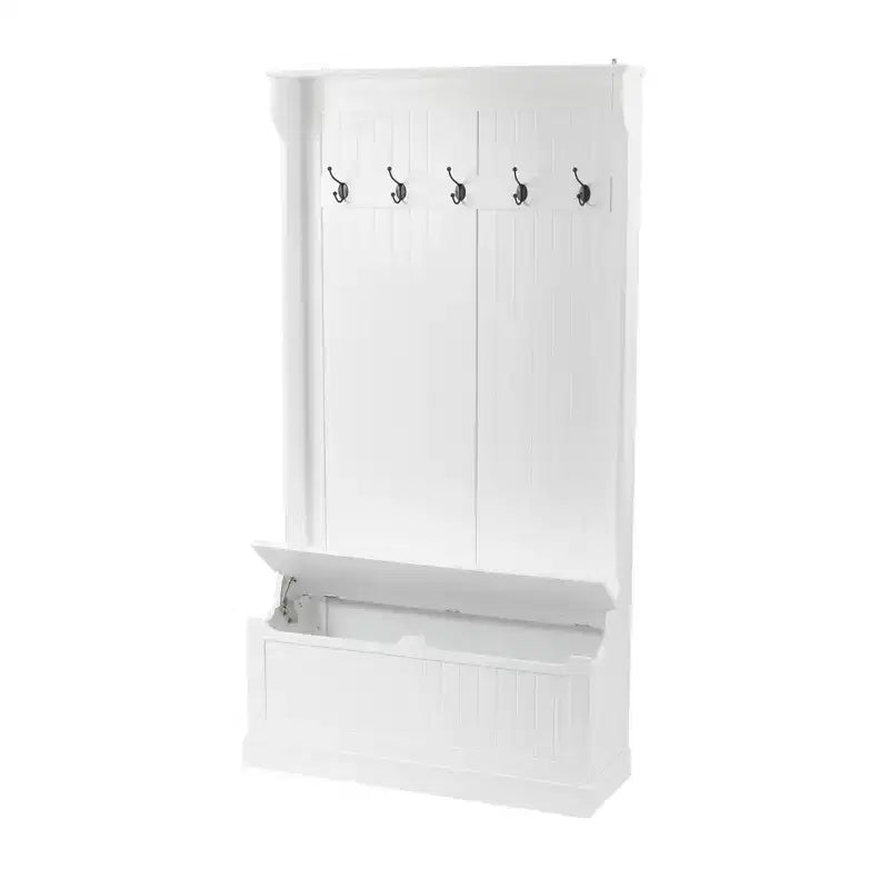 White MDF Hall Tree with Storage Bench and Coat Hooks