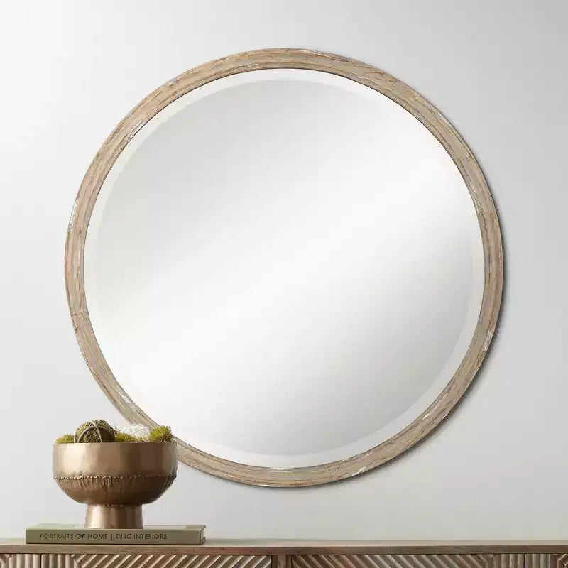 Round Wall Mirror with Faux Wood Finish, 86.4 cm