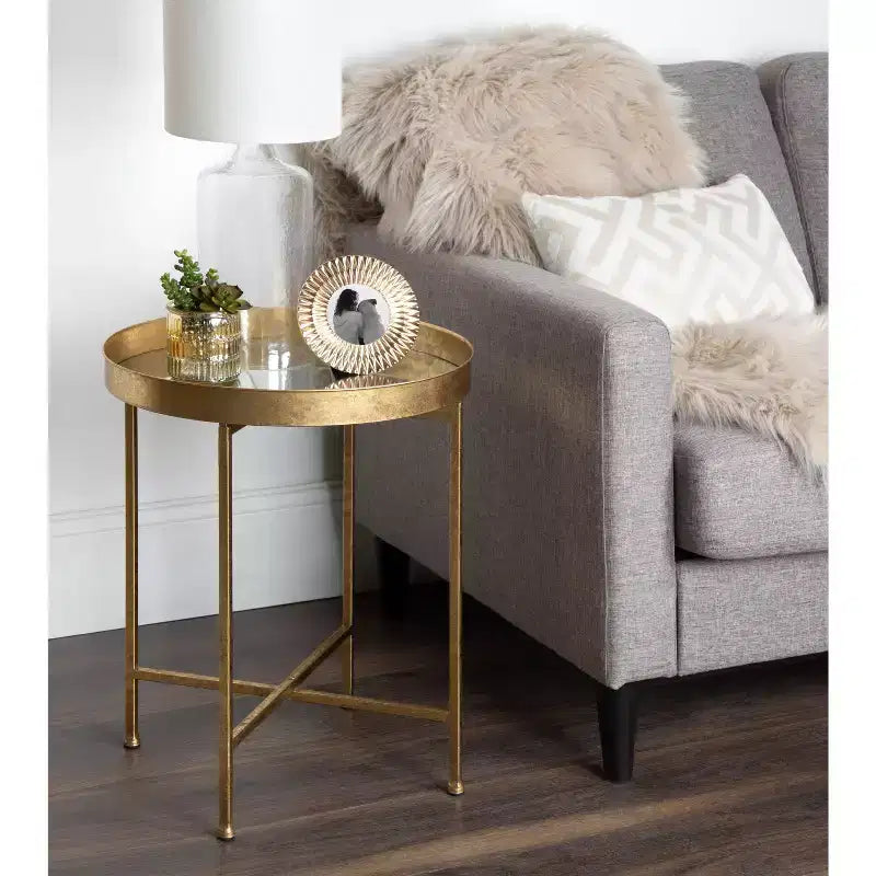 Gold Round Metal Side Table with Detachable Tray