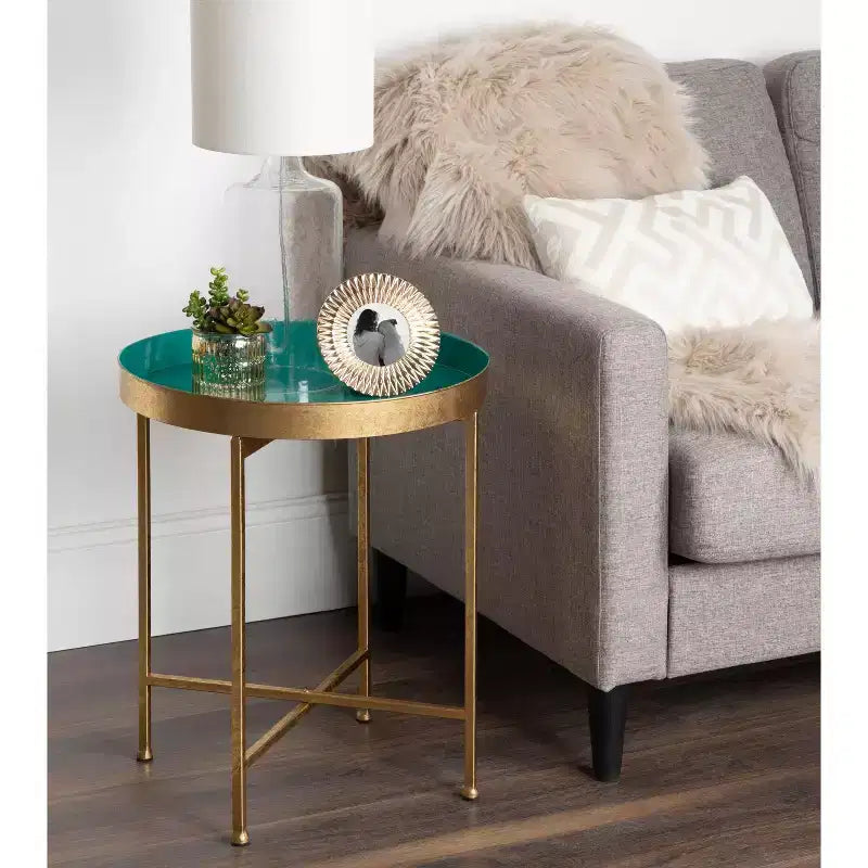 Gold Round Metal Side Table with Detachable Tray