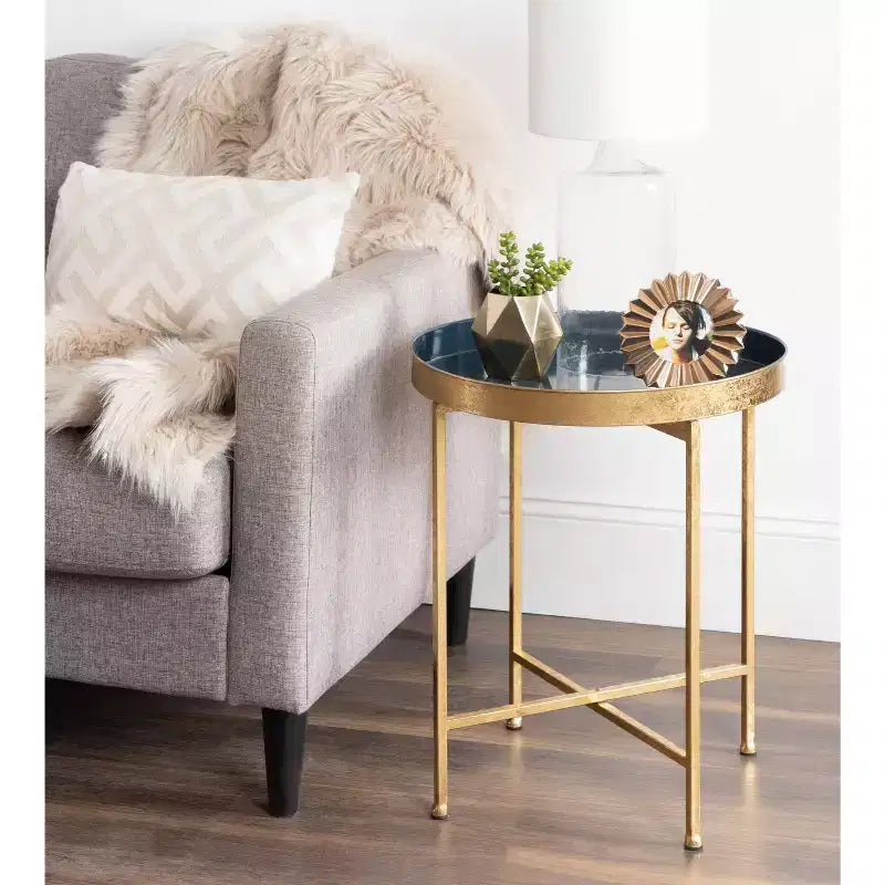 Gold Round Metal Side Table with Detachable Tray