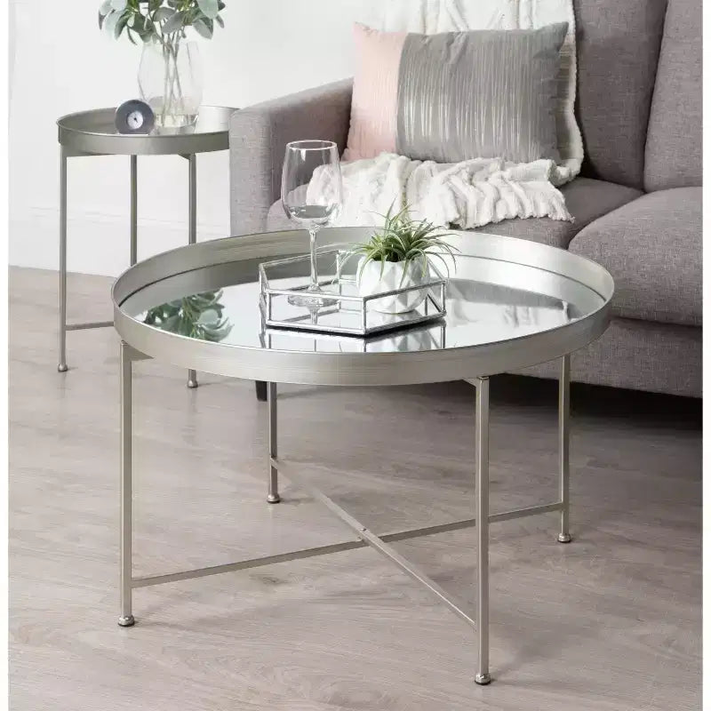 Gold Round Metal Side Table with Detachable Tray