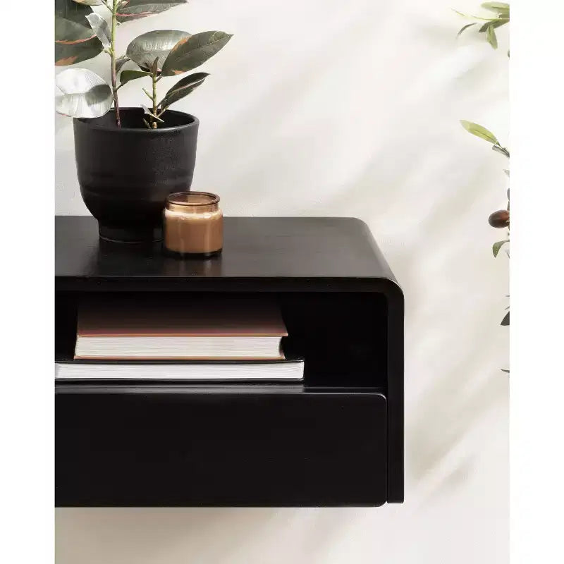 Solid Mango Wood Floating Side Table with Drawer