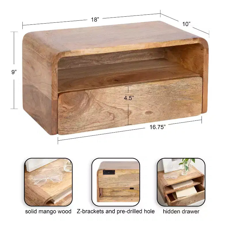 Solid Mango Wood Floating Side Table with Drawer