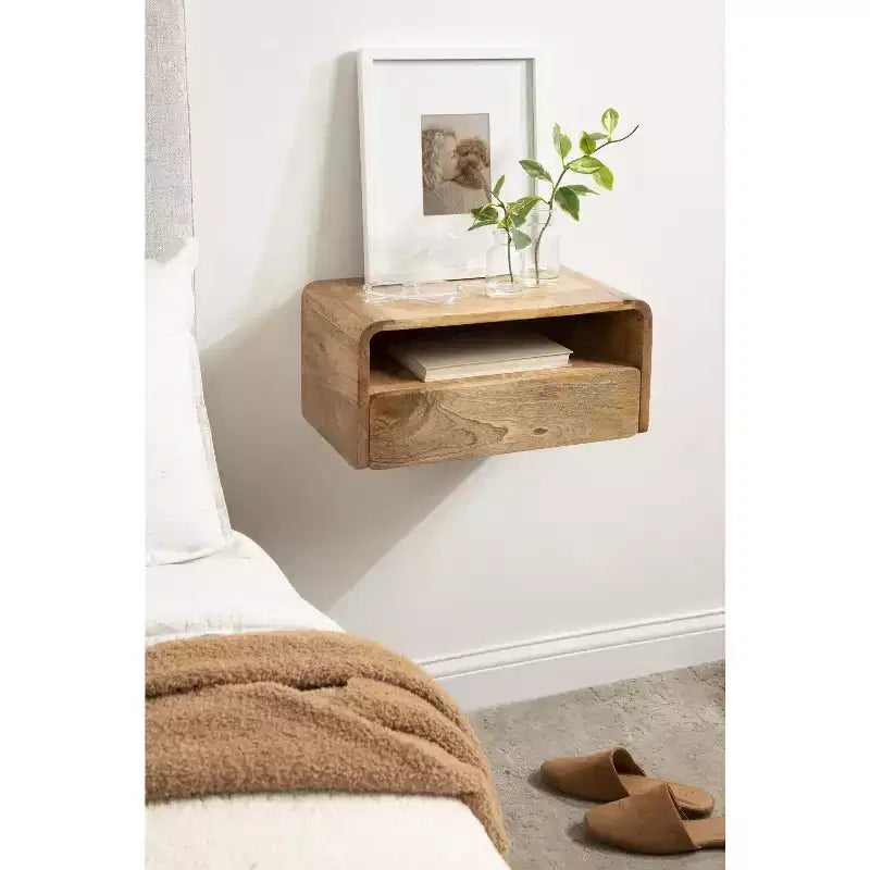 Solid Mango Wood Floating Side Table with Drawer