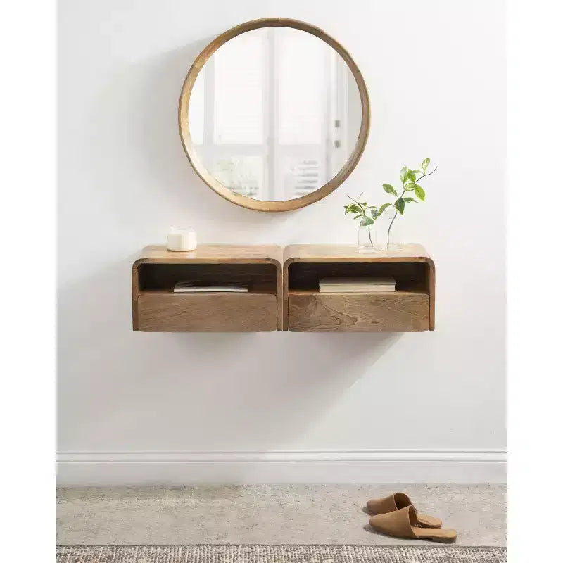 Solid Mango Wood Floating Side Table with Drawer