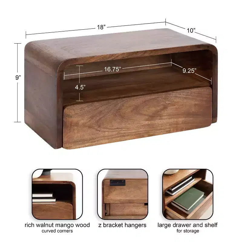 Solid Mango Wood Floating Side Table with Drawer