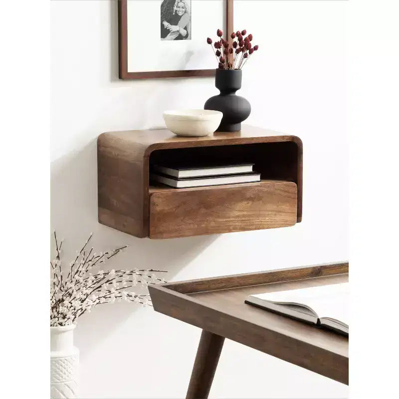 Solid Mango Wood Floating Side Table with Drawer