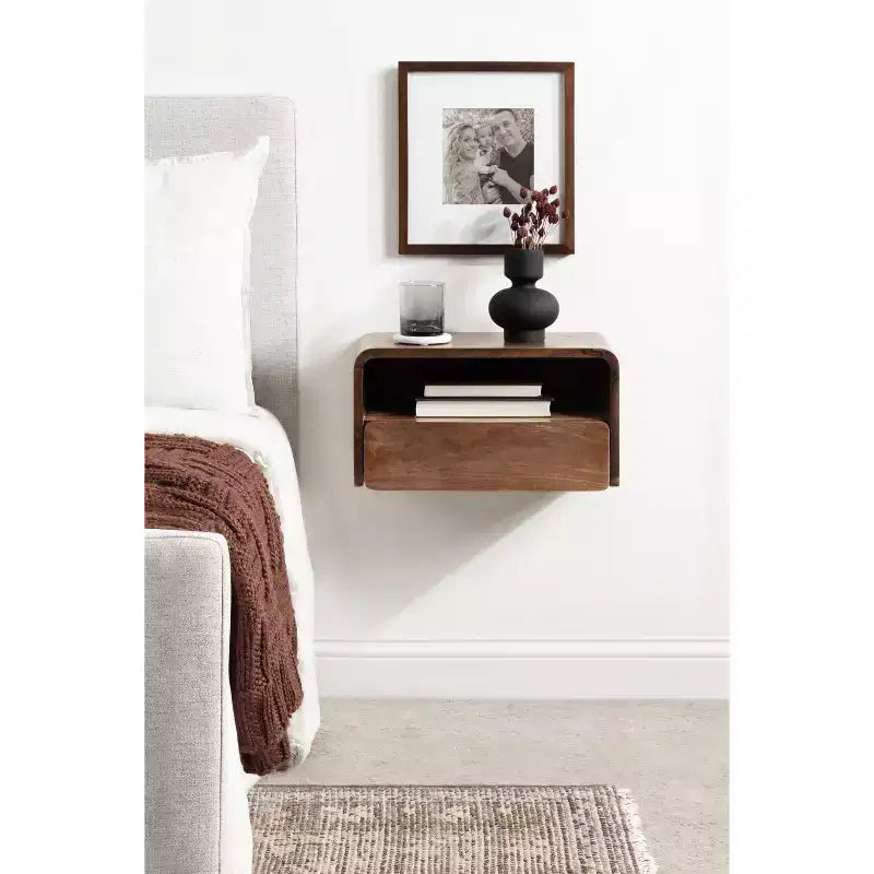 Solid Mango Wood Floating Side Table with Drawer