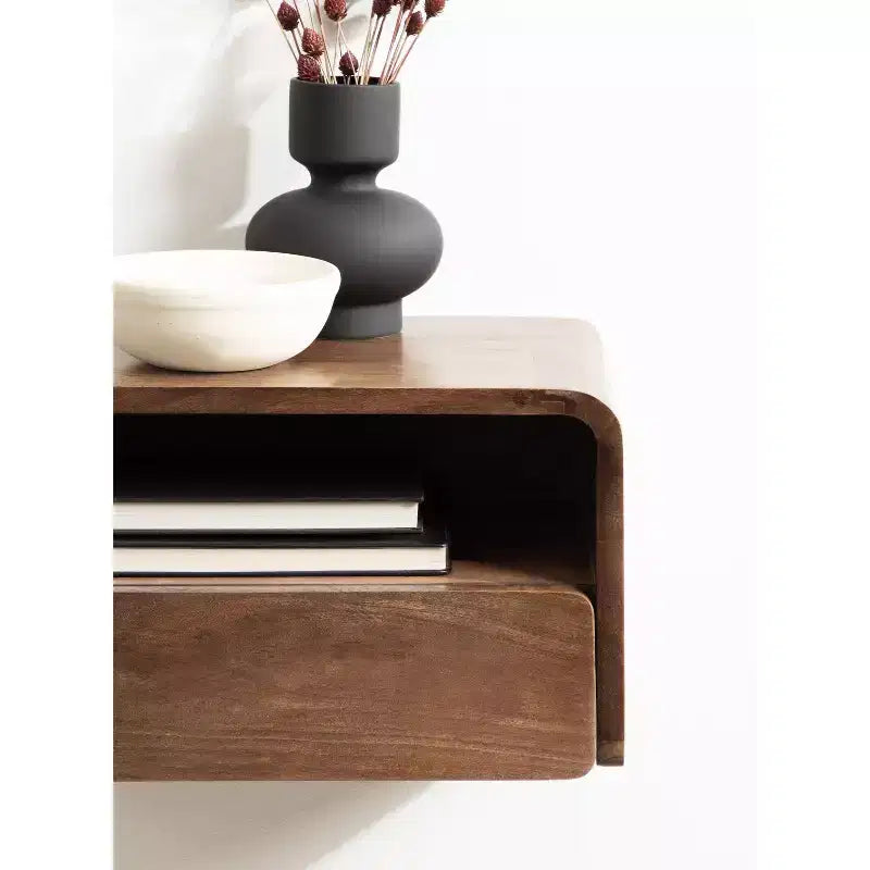 Solid Mango Wood Floating Side Table with Drawer