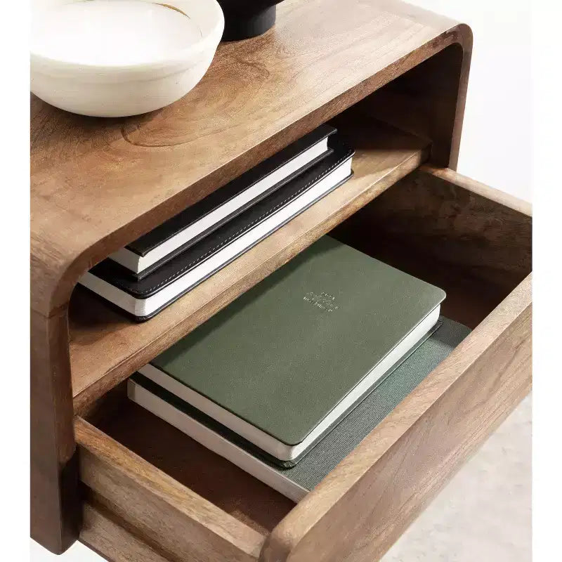 Solid Mango Wood Floating Side Table with Drawer