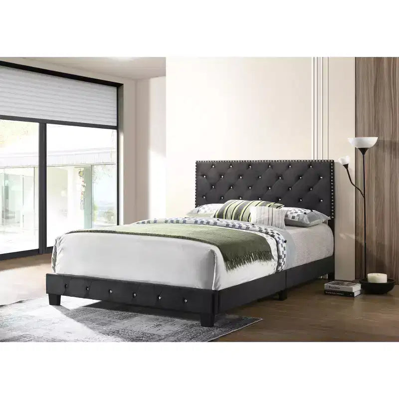 Velvet Tufted Panel Bed, for 152 × 203 cm Mattress