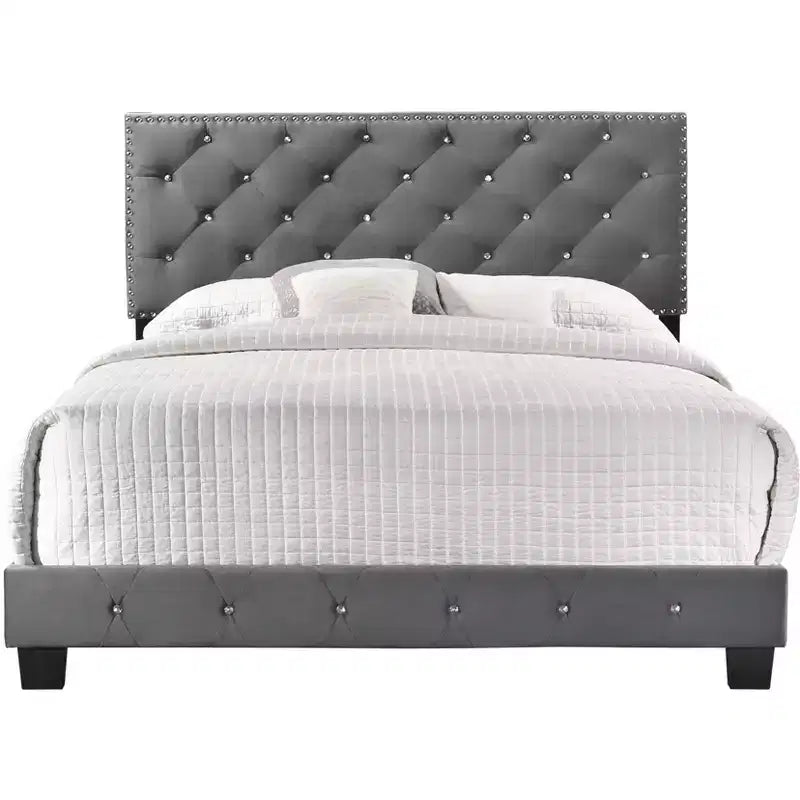 Velvet Tufted Panel Bed, for 152 × 203 cm Mattress