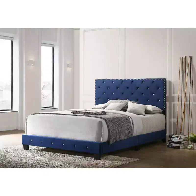 Velvet Tufted Panel Bed, for 152 × 203 cm Mattress
