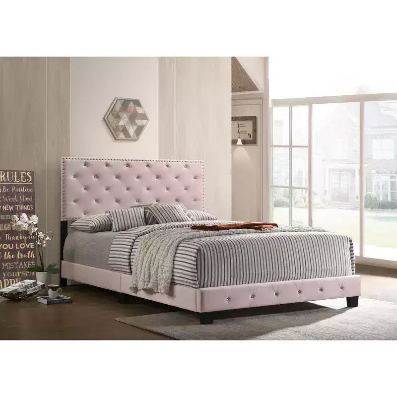 Velvet Tufted Panel Bed, for 152 × 203 cm Mattress