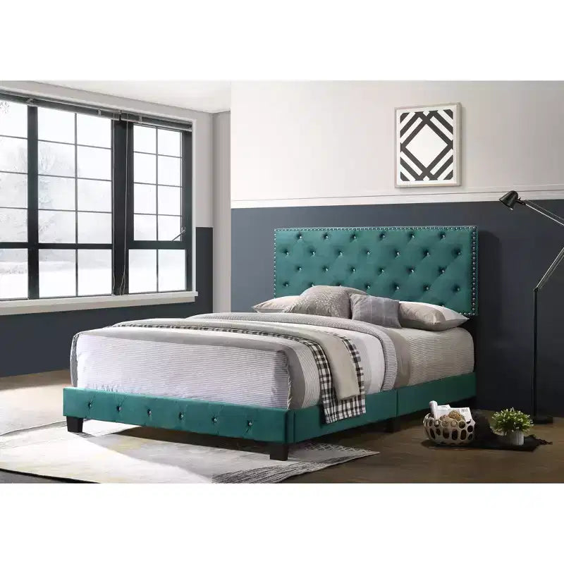 Velvet Tufted Panel Bed, for 152 × 203 cm Mattress
